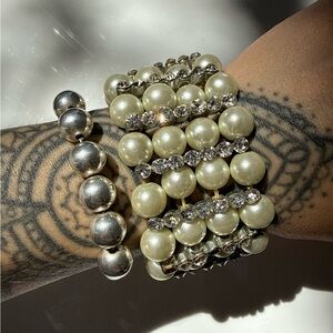 Vintage Faux Pearl Stretchy Bracelet Chunky Rhinestone Cuff